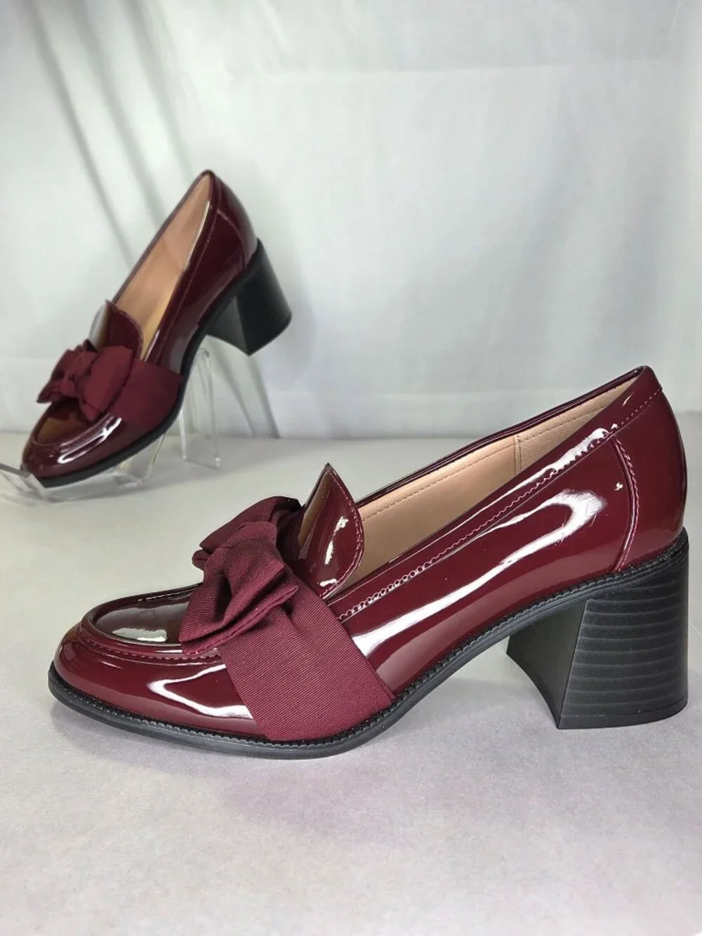 Bandolino Korrar Bow Stacked Block Heel Loafers Dark Red Patent : 7 M